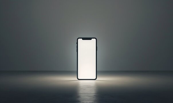 a scene where a handphone mock-up stands out against a white screen in a minimalist studio setup