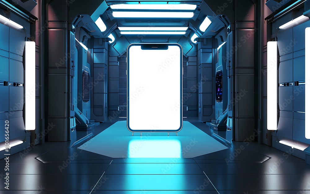 Aufkleber handphone mock-up showcased in a futuristic room with led lights and a pristine white screen