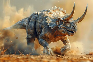 A professional photo captures the Triceratops dinosaur in its natural habitat, grazing in a rugged prehistoric landscape adorned with rocky outcrops and sparse vegetation