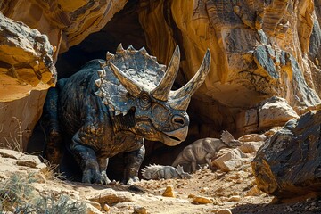 A professional photo captures the Triceratops dinosaur in its natural habitat, grazing in a rugged prehistoric landscape adorned with rocky outcrops and sparse vegetation