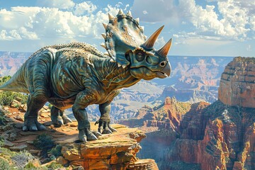 Fototapeta premium A professional photo captures the Triceratops dinosaur in its natural habitat, grazing in a rugged prehistoric landscape adorned with rocky outcrops and sparse vegetation
