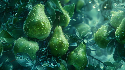 Juicy green pears floating in the water with large drops lying nearby in the leaves embody the concept of a fresh and summer snack. Green background with soft cool shades