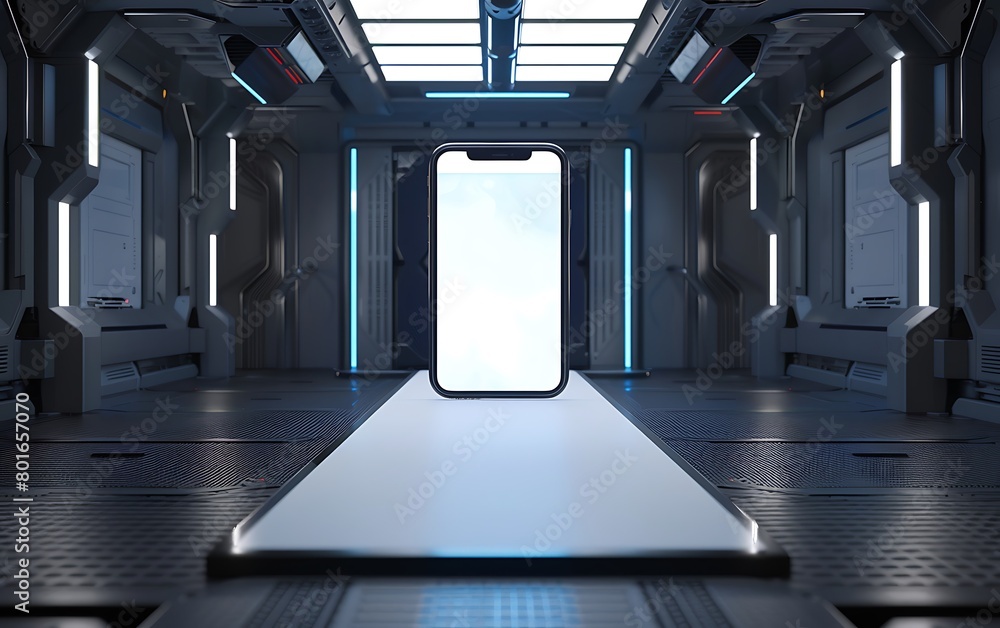 Poster handphone mock-up in a high-tech studio space, with holographic displays and a crisp white screen