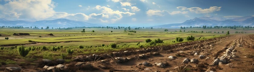 Obraz premium A photorealistic of a vast, hilly landscape with a winding road in the foreground