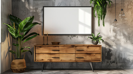 
Wooden cabinet, dresser against concrete wall with empty blank mock up poster frame with copy space. Rustic home interior design of modern living room