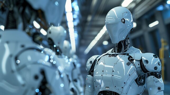 robots lined row factory connected heart machines digital head mechanical wings social encounters