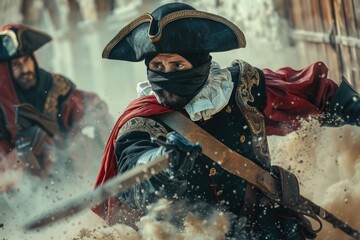 Elegant musketeer in historical attire, portraying bravery and chivalry in an enchanting renaissance setting, a symbol of classic heroism and adventure