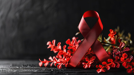 red awareness ribbon with fresh flowers on dark textured background, with copy space for text