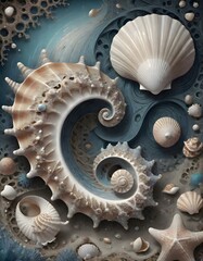 Seashells intertwined, accentuated with pearls and sand, blending elements of nature with fantasy, evoking a sense of curiosity and wonder in a serene seascape, Generative AI.