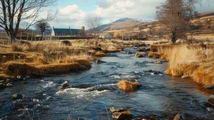 A serene scene of a whisky distillery's water source, with a tranquil stream or river flowing through the surrounding landscape.