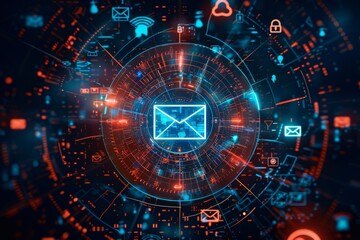 Digital illustration of an abstract, futuristic blue circle with icons representing email security and protection such as envelopes, locks, and checkmark symbols all around the circle.