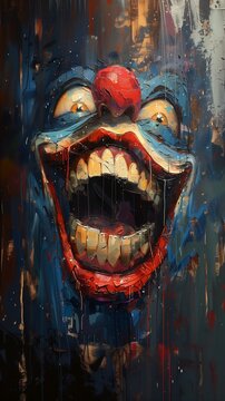 clown red nose teeth graffiti homer cartoon mind bending laughter screaming face blue skin banshee covered liquid ape sulfur
