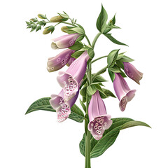 Clipart illustration a foxglove flower and leaves on white background. Suitable for crafting and digital design projects.[A-0001]