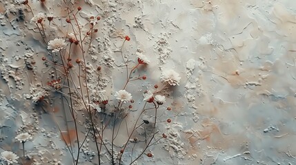 Subtle and sophisticated, a close-up of minimalist floral arrangements on an abstract, neutral-toned canvas. 