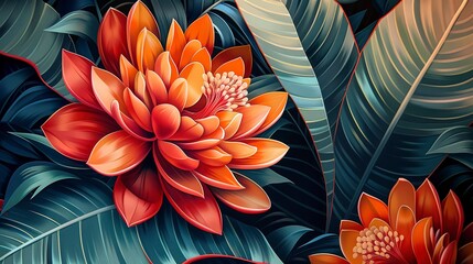 Abstract art with a focus on the intricate details of tropical flower patterns in a close-up perspective. 