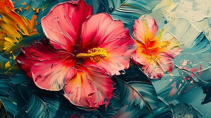 Dynamic tropical flower patterns on an abstract canvas, showcasing the vivid colors and textures up close. 