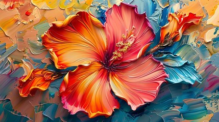 Dynamic tropical flower patterns on an abstract canvas, showcasing the vivid colors and textures up close. 