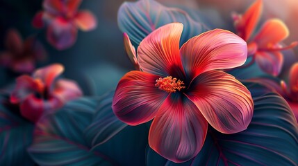 Abstract background with detailed close-up of tropical flower patterns, emphasizing their unique shapes and hues.