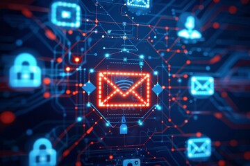 Digital illustration of an email security icon with multiple red check marks, symbolizing quality and grounding in what is important and so on for mail protection, on a blue background