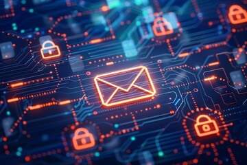 Digital illustration of an email security icon with multiple red check marks, symbolizing quality and grounding in what is important and so on for mail protection, on a blue background