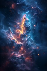 closeup galaxy stars clouds looks tree silhouette smoke transcending higher plane breathing blue fire travel upwards empty space