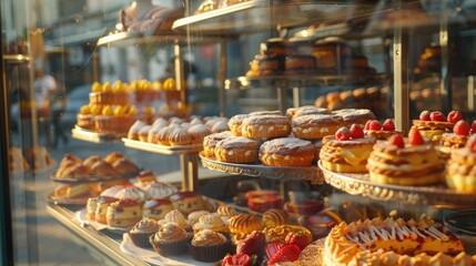 A vibrant display of assorted pastries in a bakery window, tempting passersby with the artful creations of baking on World Baking Day.