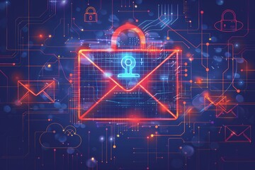 Digital illustration of an email security icon with multiple red check marks, symbolizing quality and grounding in what is important and so on for mail protection, on a blue background