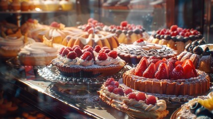 A vibrant display of assorted pastries in a bakery window, tempting passersby with the artful creations of baking on World Baking Day.
