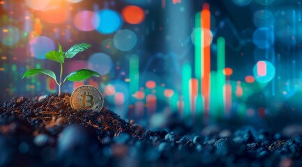 Digital illustration of coins and grow, with a blurred background featuring stock market charts.