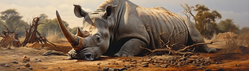 Fototapeta premium A poignant scene of a vulnerable Rhino under the threat of poaching, depicted in a detailed oil painting with a low-angle view to evoke a sense of urgency and empathy