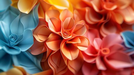Obraz premium Close-up of abstract paper craft florals, showcasing the intricate folds and vibrant colors of origami flowers. 