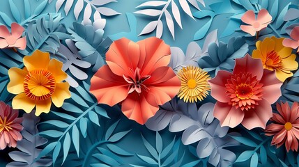 Bold and minimalist abstract background, focusing on close-up paper craft floral compositions for a clean effect. 