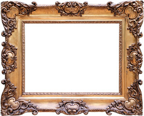Antique gilded wooden frame for paintings, photographs or design element. Transparent background