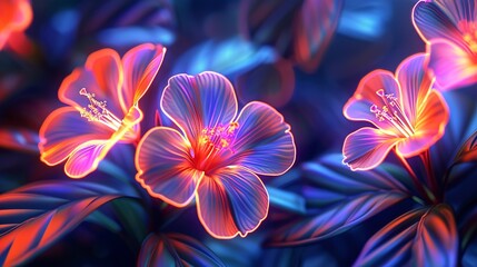 Close-up of vibrant neon floral designs against an abstract background, glowing with electric colors. 