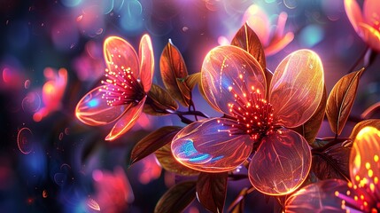Bold and illuminated abstract background, focusing on close-up neon floral designs for a captivating effect. 