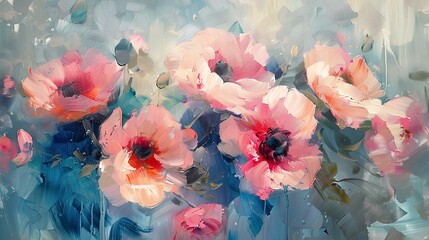 Close-up of impressionist floral scenes against an abstract background, capturing the essence of blooms with soft brushstrokes.