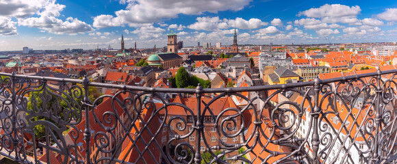 Summer aerial view: Old Town skyline, Church of Our Lady, City Hall, red roofs. Copenhagen, Denmark