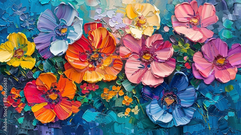 Poster detailed impressionist floral patterns in a close-up abstract setting, highlighting the harmony of c