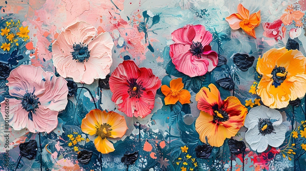 Poster dynamic close-up of floral collages on an abstract canvas, showcasing the harmonious chaos of mixed 