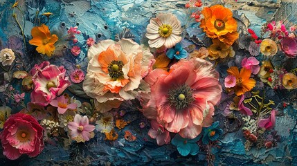 Close-up abstract of layered floral collages, blending various flower images for a rich, textured visual feast. 