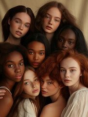 An intimate studio photo with a group of models, all showcasing their different hair types and hair lenght, under warm studio lights. Generative AI.