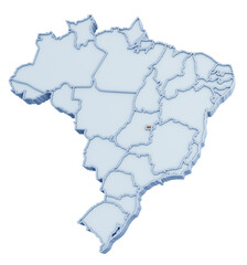 Brazilian state of Distrito Federal highlighted in golden yellow on three-dimensional map of Brazil isolated on transparent background. 3D rendering