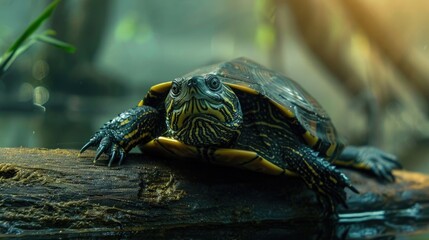 A tranquil scene of a turtle basking on a log, with its head peeking out and eyes alert, capturing the peaceful coexistence of these reptiles in their natural habitats on World Turtle Day.