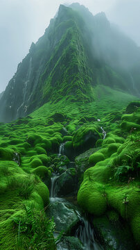 mountain covered green moss deep flowing down vast valley flowers unnerving immensity body draped stunningly mysterious