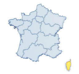 French region of Corsica (Corse) highlighted in golden yellow on three-dimensional map of France isolated on transparent background. 3D rendering