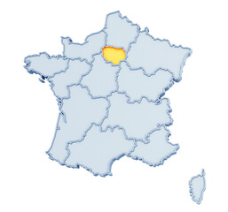 French region of Île-de-France highlighted in golden yellow on three-dimensional map of France isolated on transparent background. 3D rendering