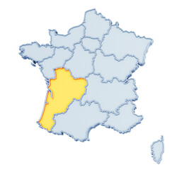 French region of Nouvelle-Aquitaine highlighted in golden yellow on three-dimensional map of France isolated on transparent background. 3D rendering