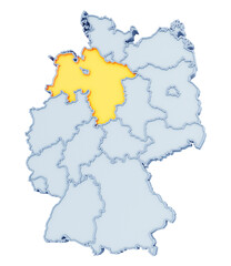 German state of Lower Saxony (Niedersachsen) highlighted in golden yellow on three-dimensional map of Germany isolated on transparent background. 3D rendering