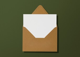 White card, brown envelope, flat lay design