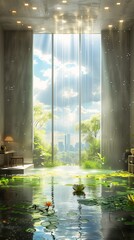 room large window pond deep volumetric sun rays environment design illustration endless forest high buildings sunbeams background cloning facility indoors